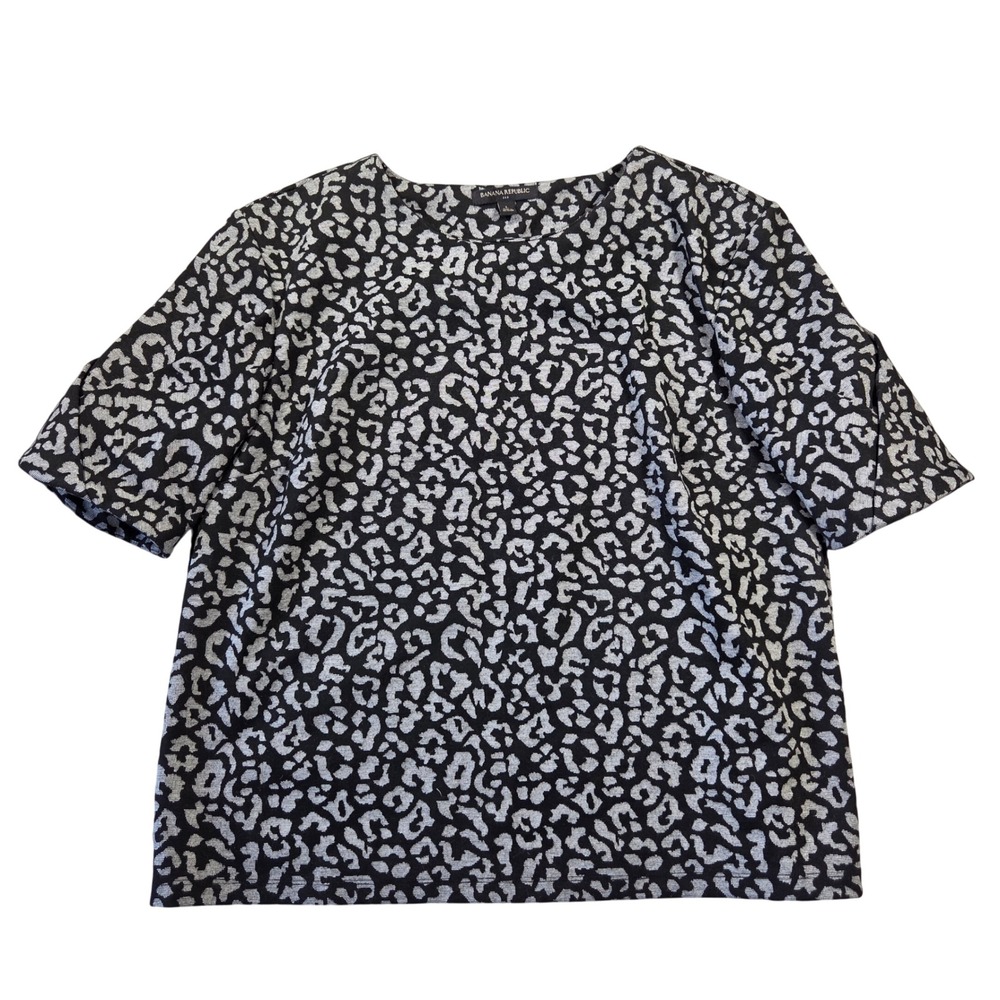 Banana Republic Womens Black Gray Animal Print Short Sleeve Boxy Knit Top Large